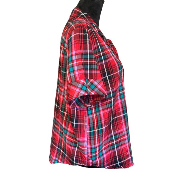 💖Victoria's Secret Red Plaid Button-Down Short Sleeve Shirt M Top - Picture 5 of 7